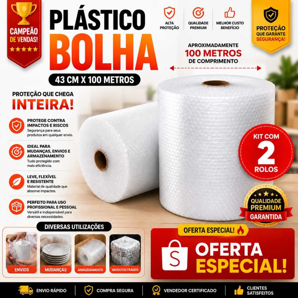 Plástico Bolha 43x100 Metros Ideal para E-COMMERCE, Mudança - Alta Qualidade Proteção - ENVIO RÁPIDO