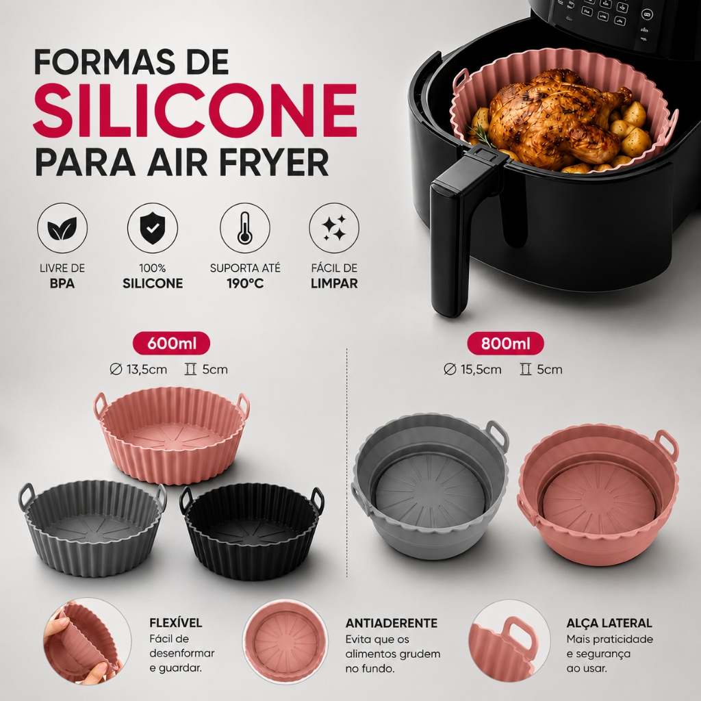 KIT 2/3 Forma De Silicone para Air Fryer Forno Microondas Fritadeira Assadeira Reutilizável Antiaderente Flexível