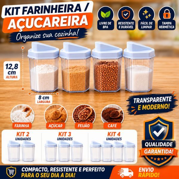 Kit Farinheira Açucareiro Acrílico Cristal Com Tampa Dosadora Cozinha 480ml Kit com 2/3/4 Unidades