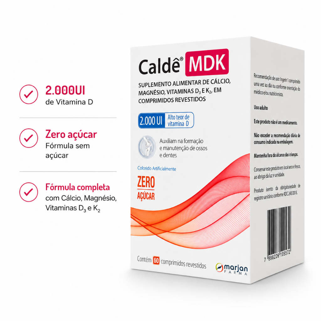 Cálcio Caldê MDK 2000UI 60 Comprimidos Vitamina D3 K2 Magnésio Zero Açúcar