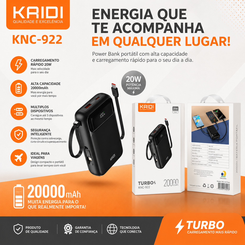 20000mAh Bateria Portátil Power Bank Turbo cabo embutido KAIDI KNC-922