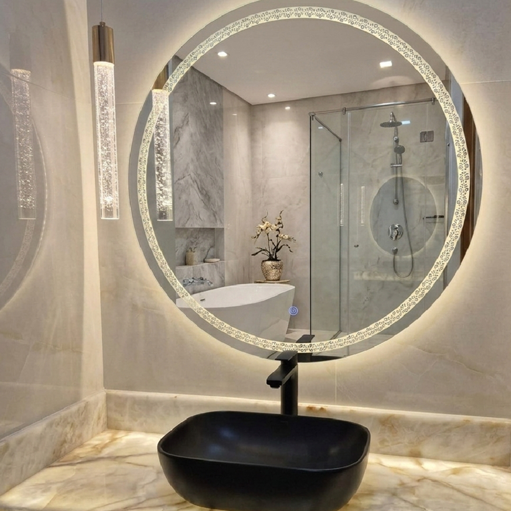 Espelho Redondo Jateado FLORAL com 3 TONS DE LED e botão TOUCH SCREEN,  Quarto, Banheiro,Camarim