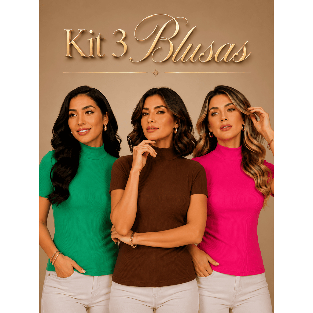 Kit 3 Blusas Femininas Caneladas Gola Alta Ribana Manga Curta Elastano Moda Feminina Casual
