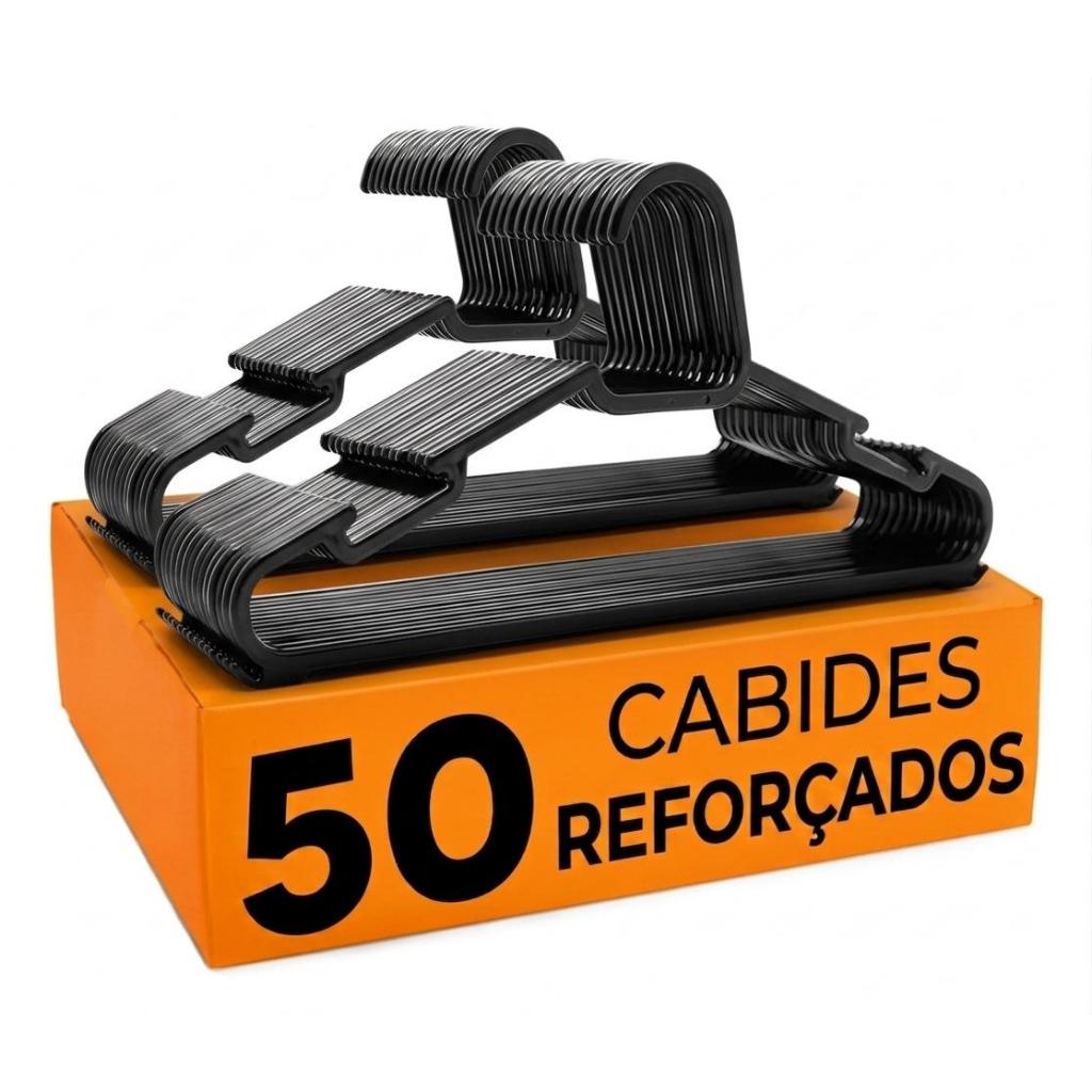 Kit 50 Cabides Pretos 39 cm Plástico Adulto Organização Roupas