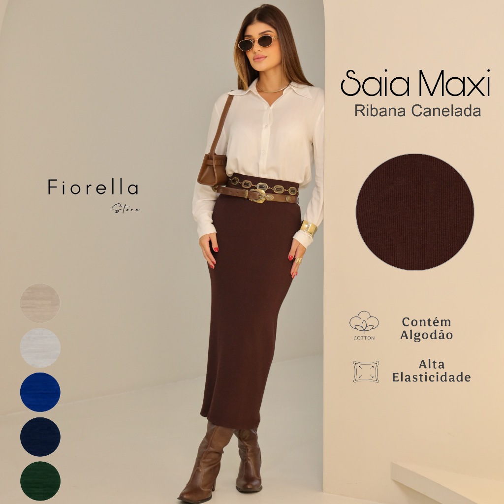 Saia Maxi Longa Saia Justa Canelada Ribana Cós Alto Tubinho Blogueira Moda Gringa Fashion Tendência