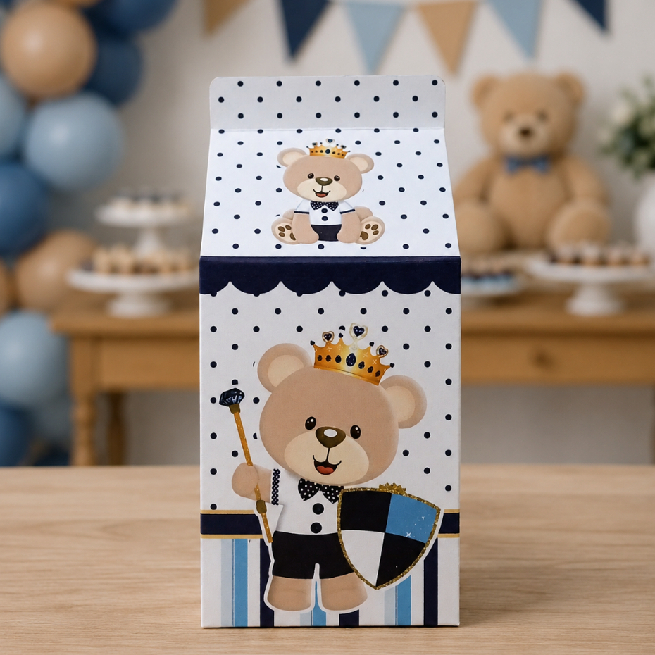 Caixinha Milk Ursinho Príncipe Azul Marinho Chá de Bebê Personalizada Lembrancinha para Festa
