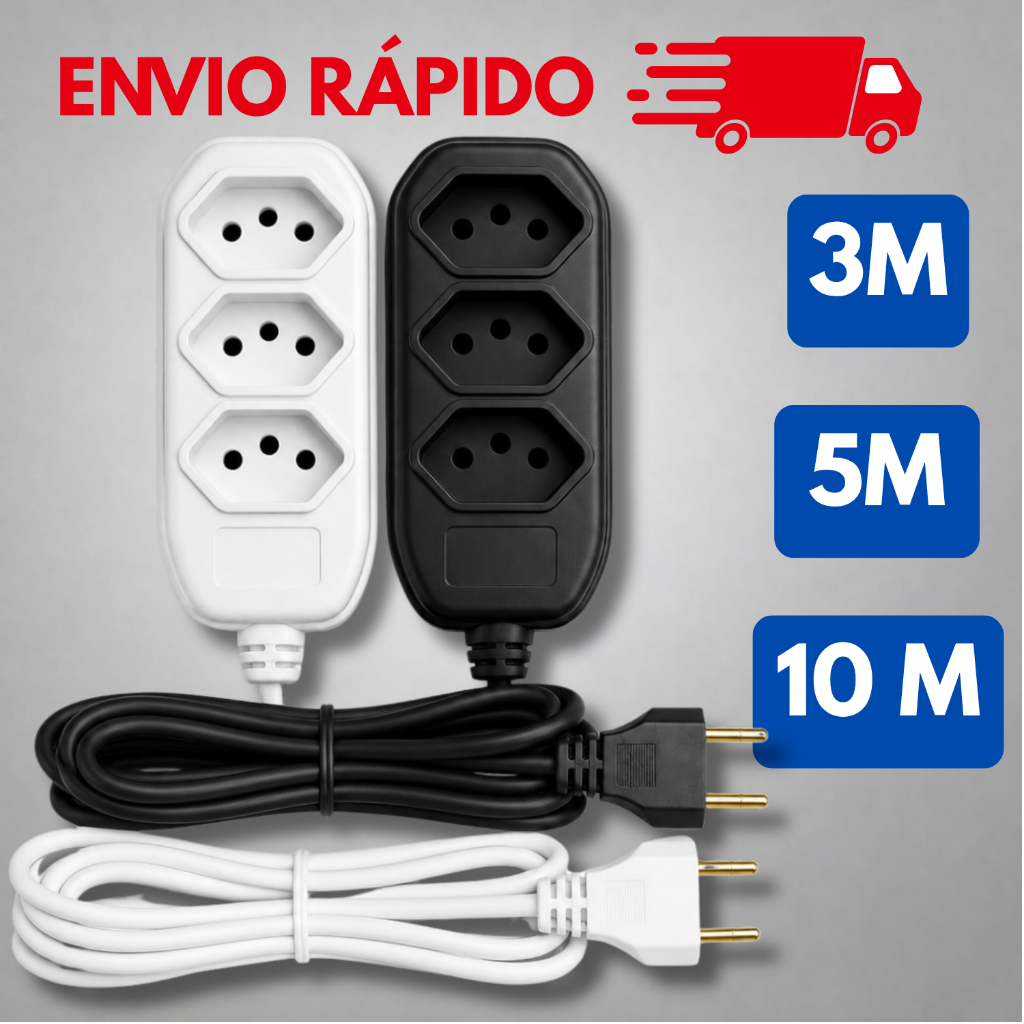 Extensão elétrica 10 5 3 2 metros bivolt 110v/220v padrão brasileiro 3 pinos