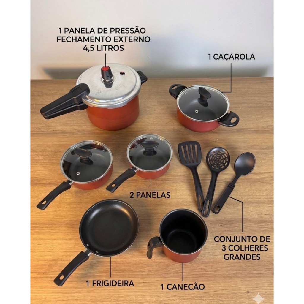 Conjunto 8 Panelas + Panela de Pressão 4,5L Fechamento Externo Antiaderente Preto/Cereja