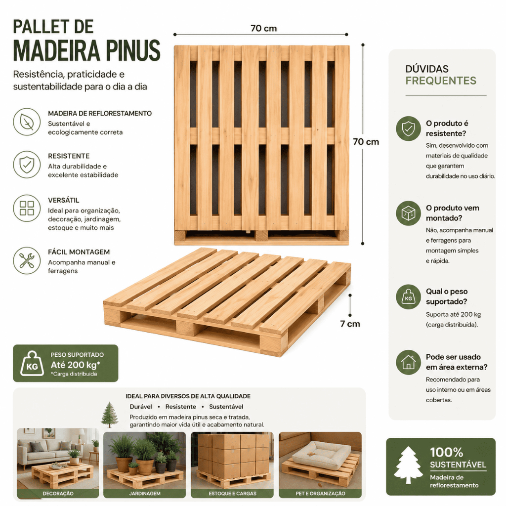 6 uni. Pallet 70x70 Pinus Vazado Mdp