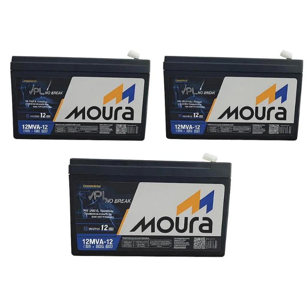 KIT 3 BAT MOURA DE 12V 12AH PARA NO BREAK , ALARMES , AUTOMAÇÃO , CERCA ELETRICA