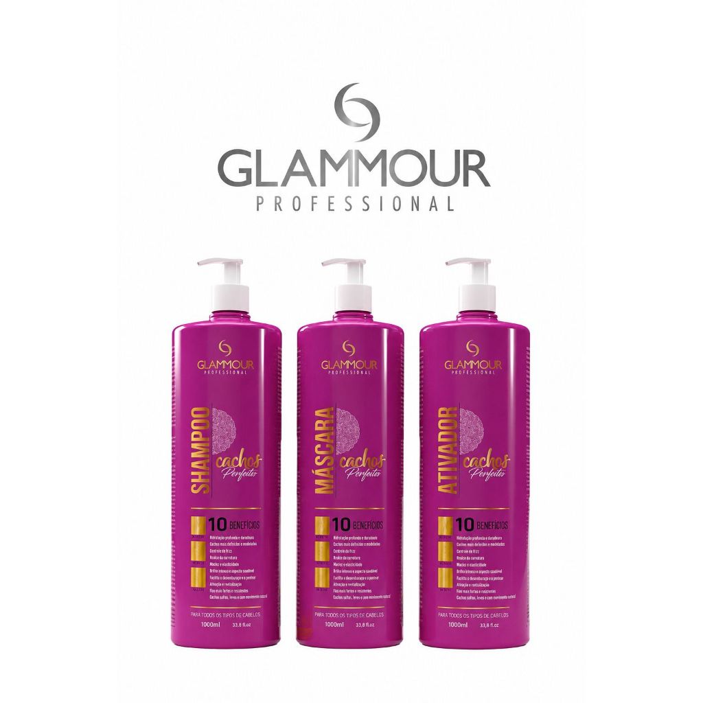 Kit Cachos Perfeitos Shampoo + Máscara + Ativador 1L Glammour Professional