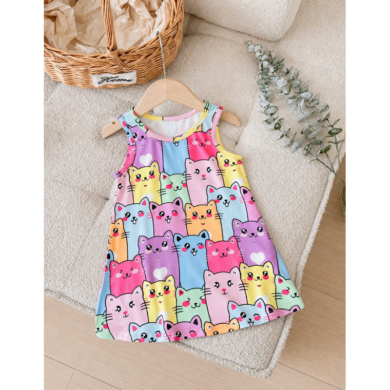 Vestido Casual Fofo de Menina Bebê com Estampa de Gato de Desenho Animado, Sem Mangas, "Babygirl"