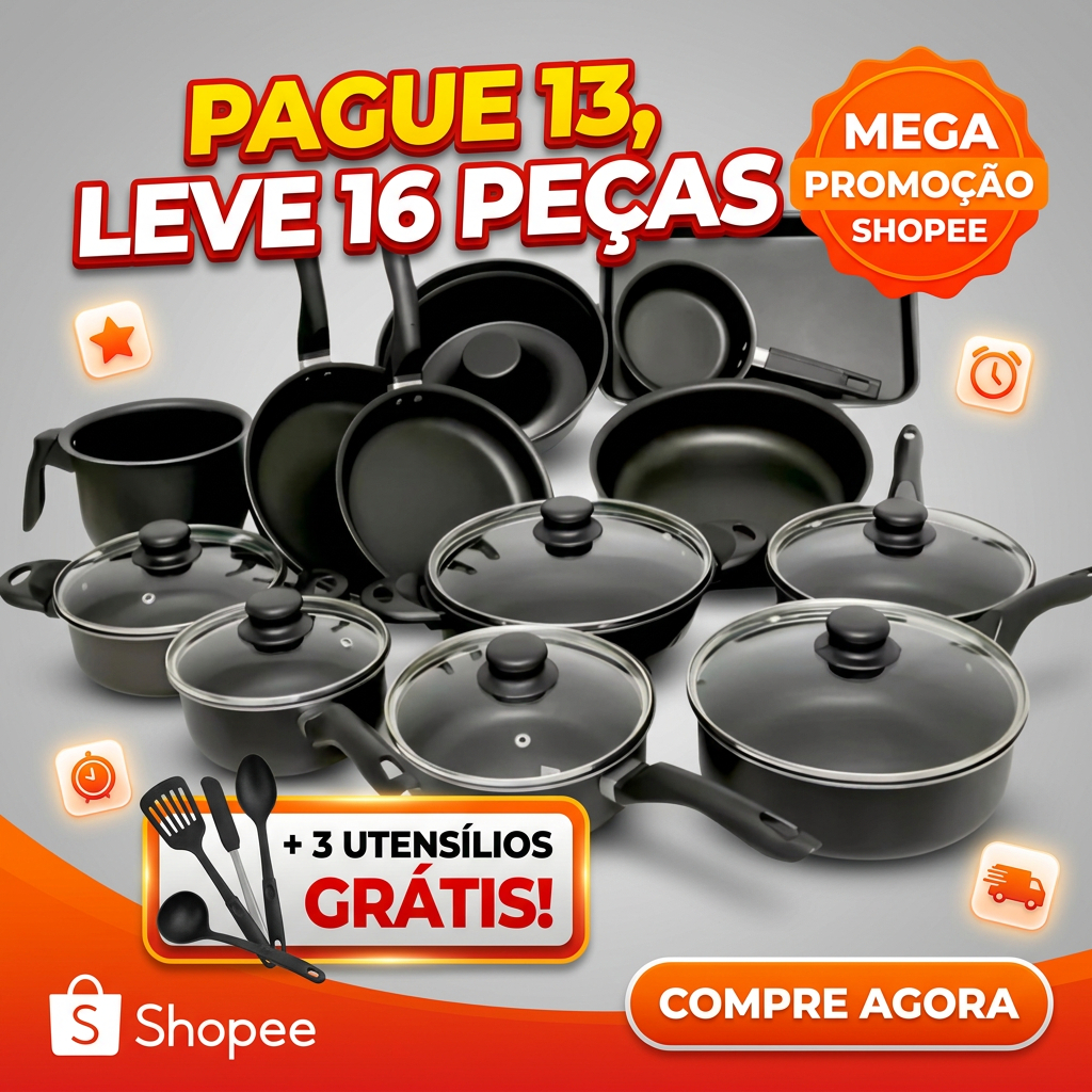 OFERTA Kit Panelas Alumínio 13 Peças + 3 Brindes Nylon Leve 16