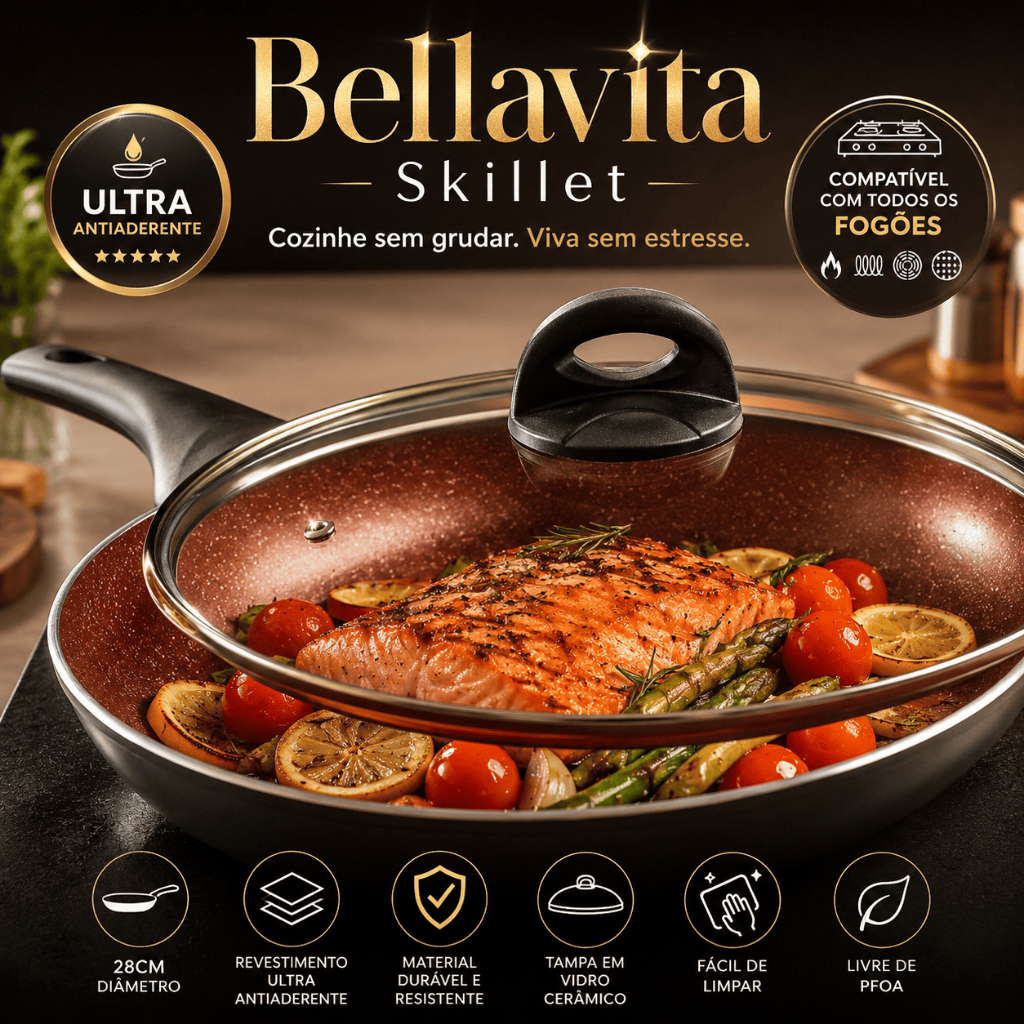 Frigideira Antiaderente 28cm Premium com Tampa de Vidro Cerâmico Bellavita Skillet