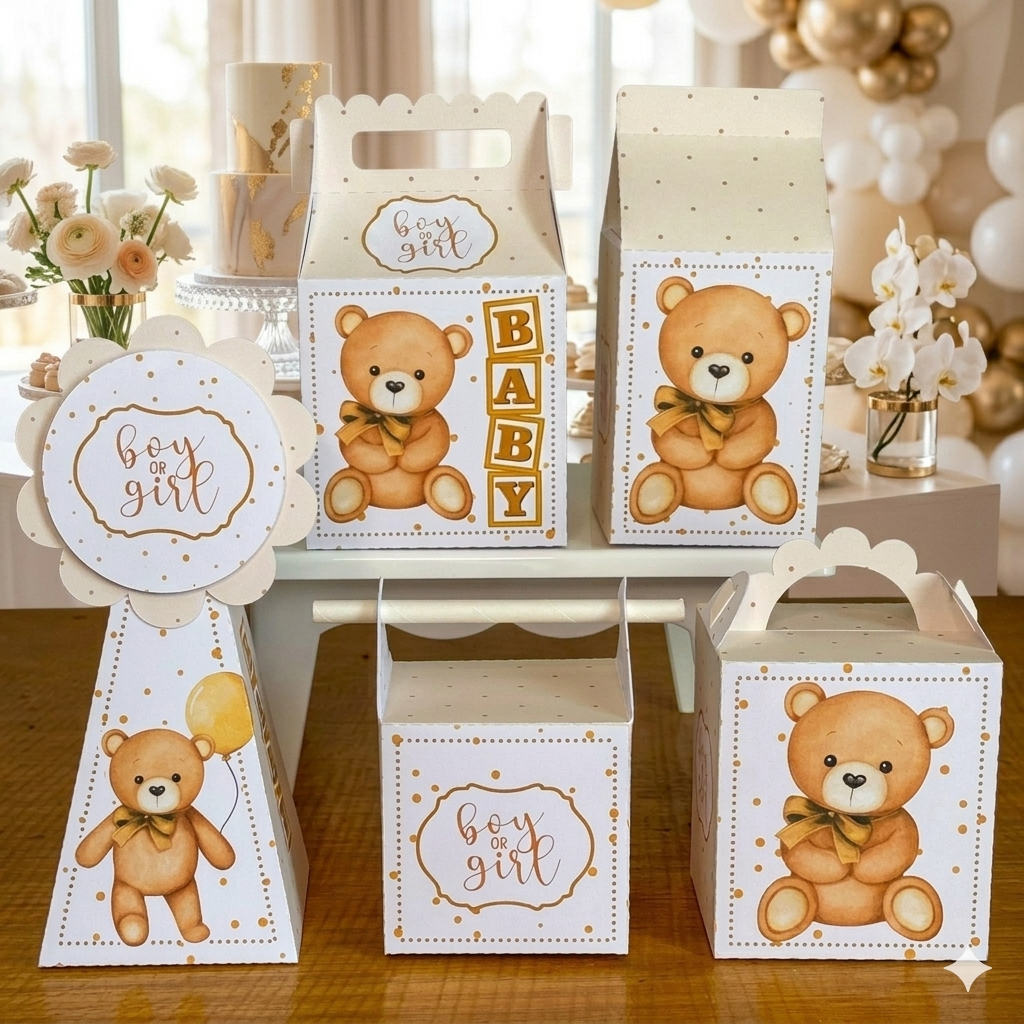 Kit Lembrancinha Chá de Bebê ou Chá Revelação Ursinho Dourado Neutro Pegue e monte