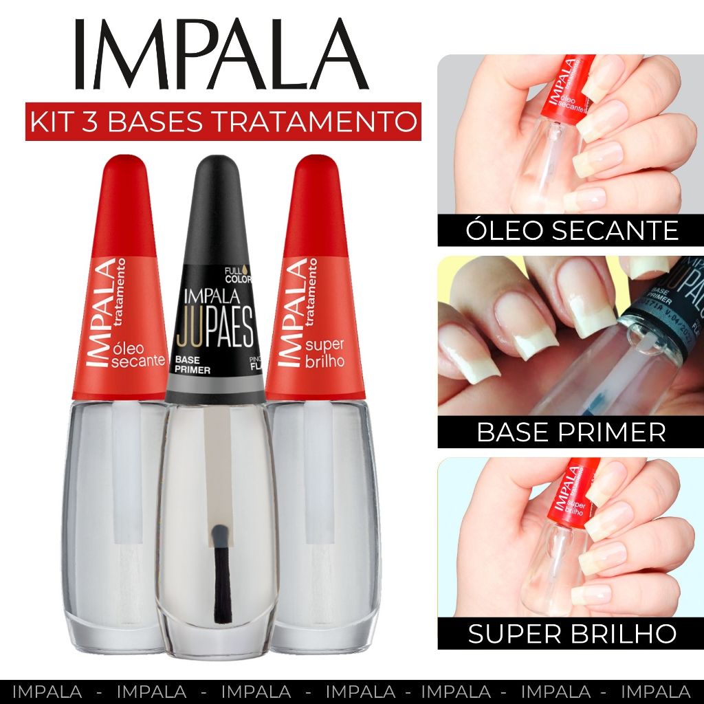 Kit Esmalte Base Impala Super Brilho +  Óleo Secante + Base Primer Unhas Fortes Base Tratamento
