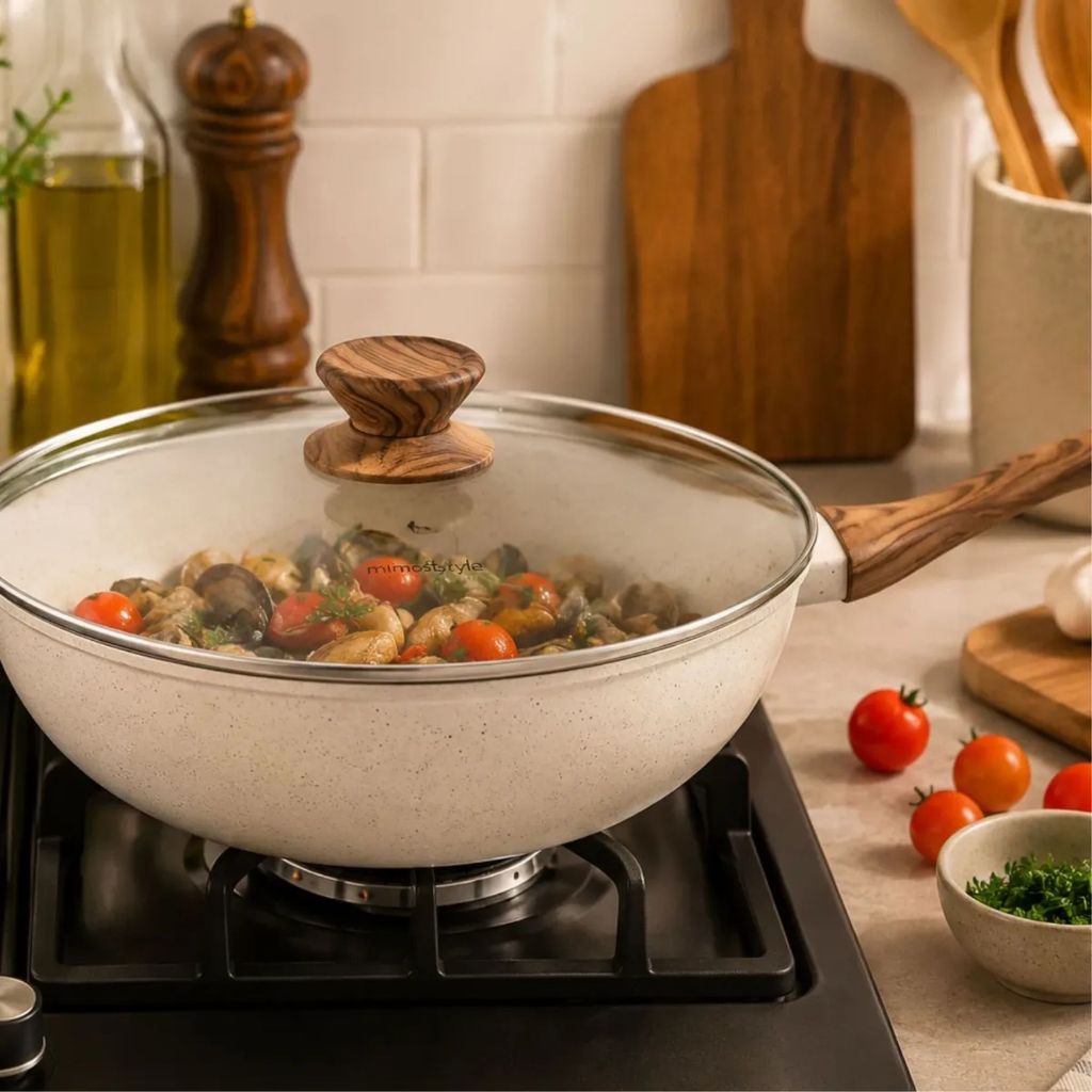 Frigideira Antiaderente 28 Cm 4,5 Litros Cook Top Cerâmica Indução Tampa Vidro Grande Saída De Vapor Fritar Grelhar Chic