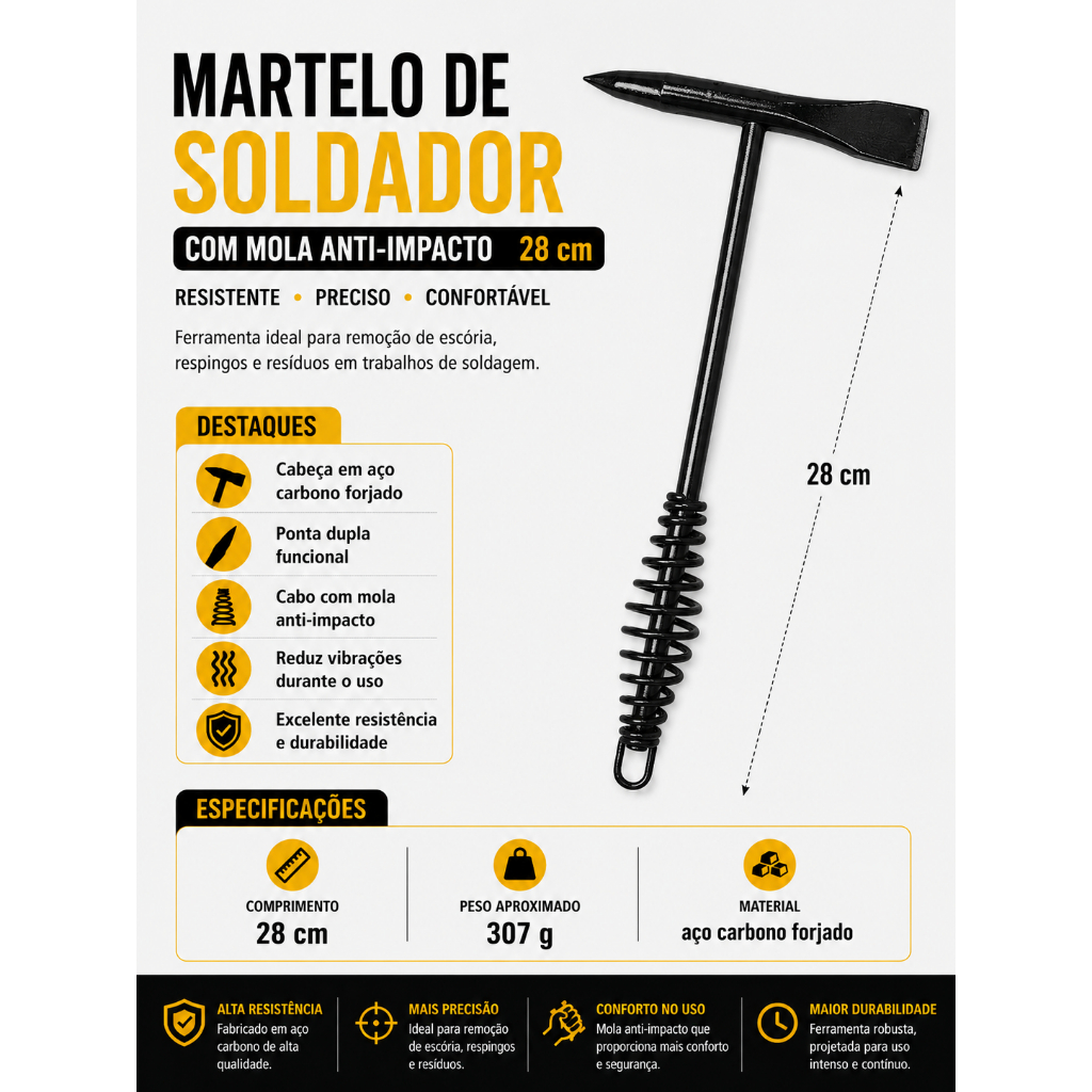 Martelo de Soldador com Mola Anti Impacto Talhadeira Removedor de Escória Profissional Aço Resistente