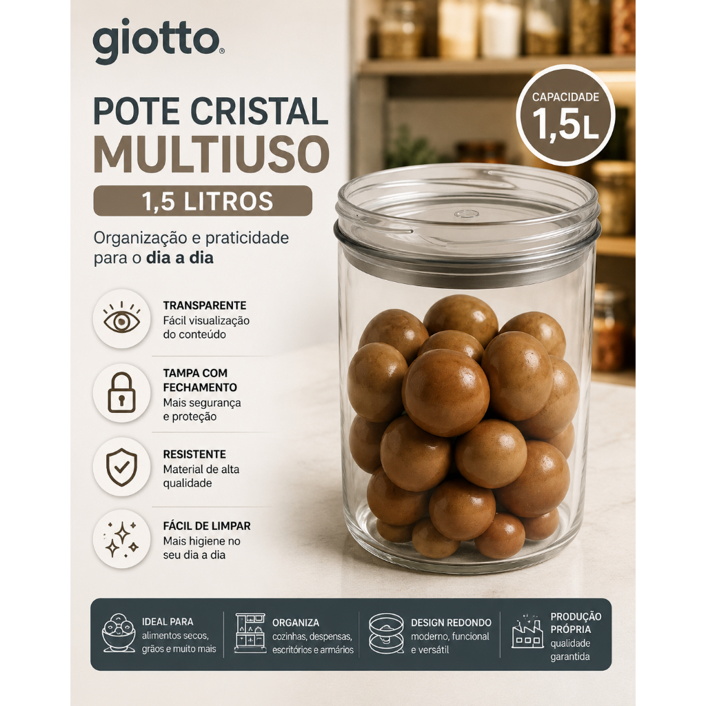 Pote Hermetico Cristal Multiuso 1,5L Tampa Transparente Redondo mantimentos condimentos cozinha Giotto