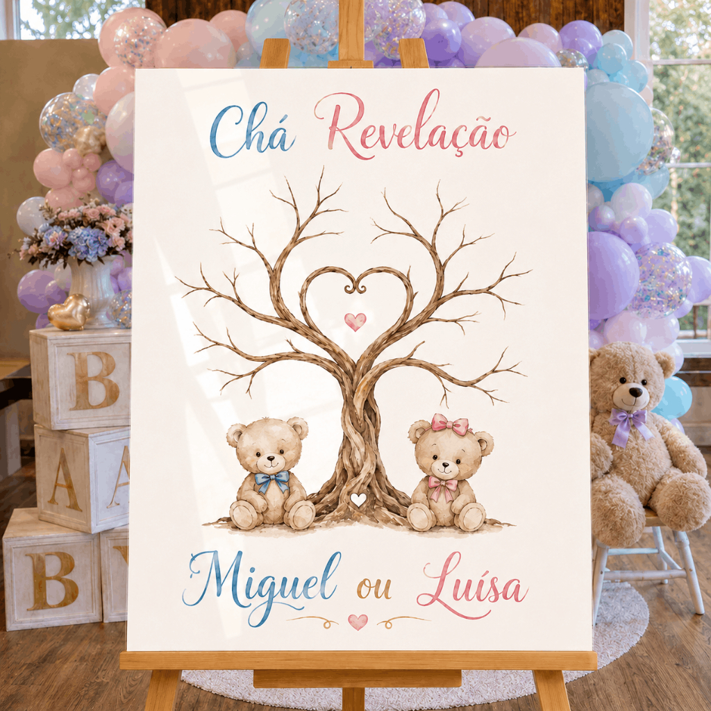 Quadro Chá Revelação Árvore de Palpites Menino ou Menina Ursinhos Decoração Festa Bebê MDF