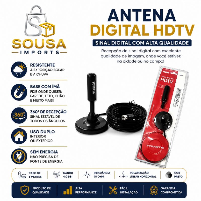 Antena tv digital MTA-3005 uhf vhf interna 3.5 dbi e cabo 5m - Tomate