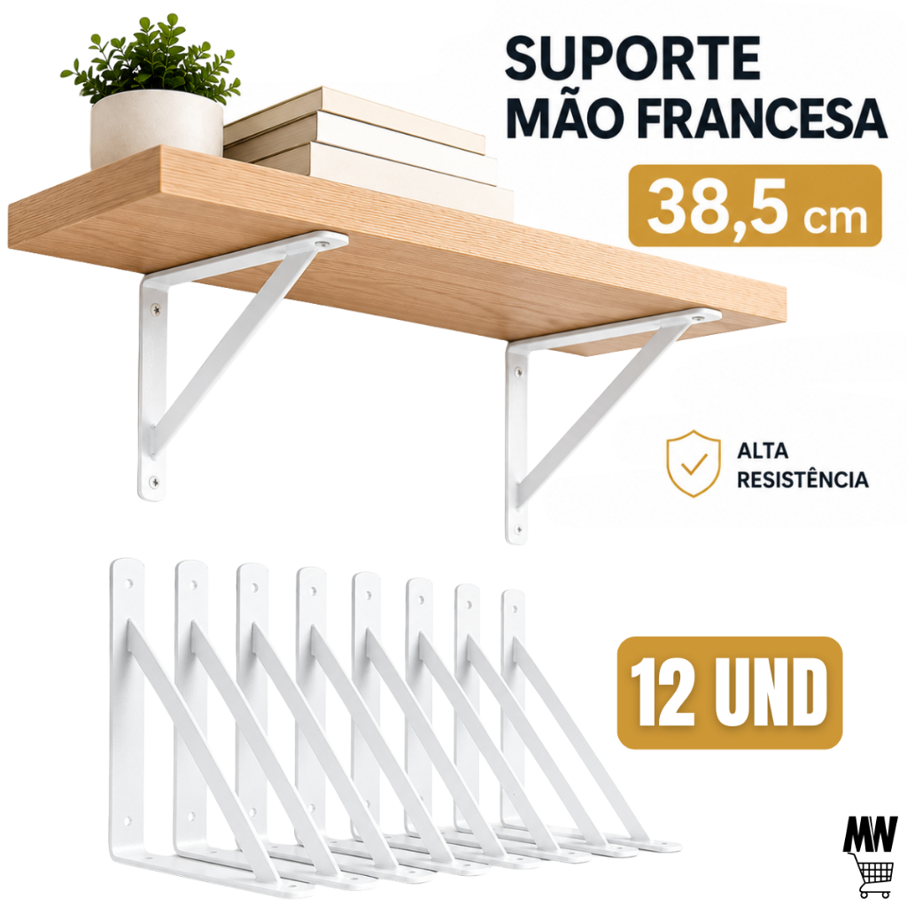 Kit 2 a 12 Suportes Mão Francesa Branca 38,5cm Canto Tábua Cantoneira Reforçada
