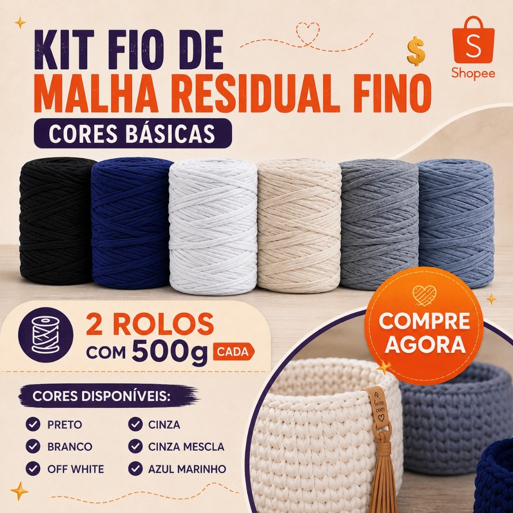 Kit Fio de Malha Fino Residual 2 Rolos de 500g Cada - Cores Neutras - Crochê Bolsa Tapete Promoção Barato