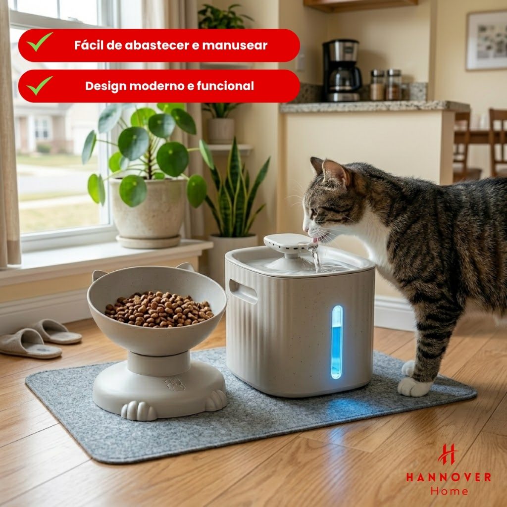 Fonte de Água Automática para Gatos com Filtro e Comedouro USB Elegante com Led Acoplado