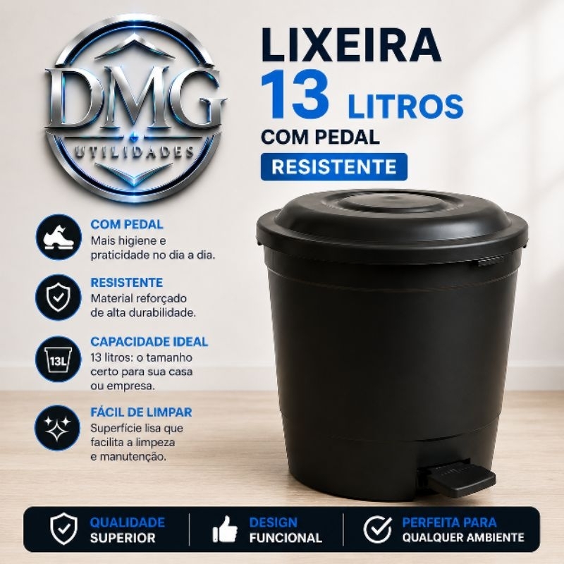 Lixeira Redonda Plástica com Pedal 13 litros para Cozinha cor Preta, Banheiro, Área de Serviço e Escritório