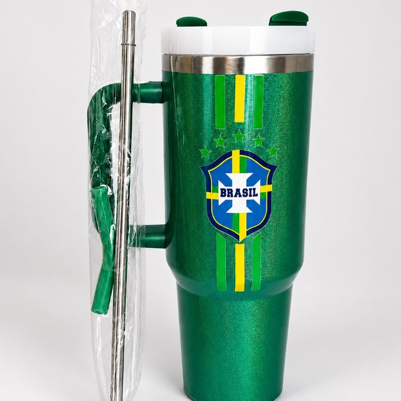 Copo Garrafa Térmica Brasil com Canudo 1200ml Copão da Copa para torcedor Hidratação, Temperatura