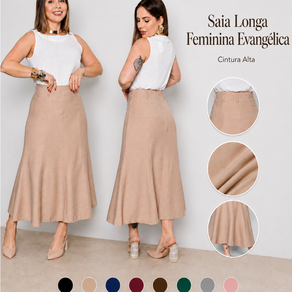 Saia Longa Feminina Evangélica Cintura Alta em Tecido Marrant Sensorial Premium