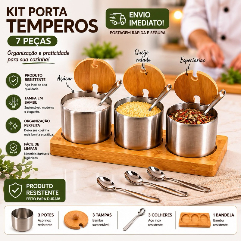 Kit 7 Peças Porta Tempero com Colher e Tampa Bandeja em Bambu Temperos Porta Açúcar Chocolate Leite