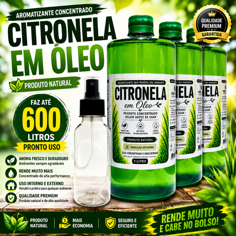 Óleo de Citronela Concentrado 1L com Spray Aplicador | Rende Até 200L