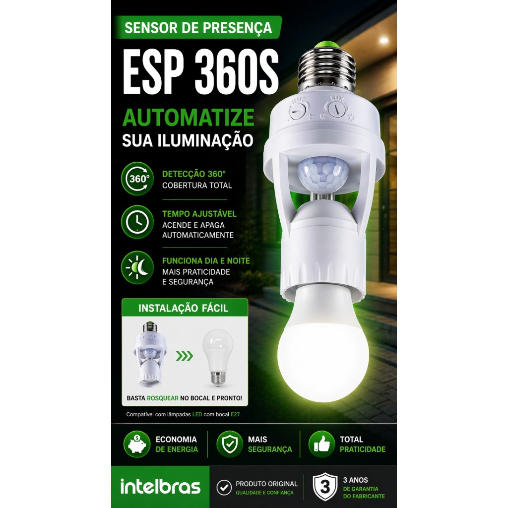 Sensor de Iluminação Presença ESP 360 S Bivolt Para Lâmpadas LED Intelbras Original