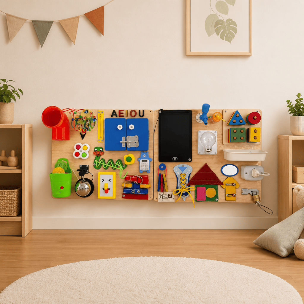 Painel Sensorial Montessoriano Educativo / Placa de Atividades/ Duplo Portugal - com 92x40cm