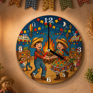 Relógio de Parede Festa Junina 20x20 MDF Impressão UV Decorativo Para Sala Quarto Escritório