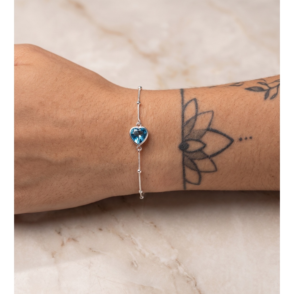 Pulseira Feminina Prata 925 c/ Pedra Azul em Formato de Coração