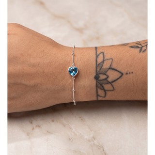 Pulseira Feminina Prata 925 c/ Pedra Azul em Formato de Coração