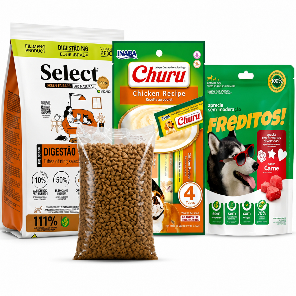 Kit Ração Select Monello Raças Pequenas Salmão 2kg (Granel) + 1 Churu Dog Inaba 56g + 1 Freditos 50g