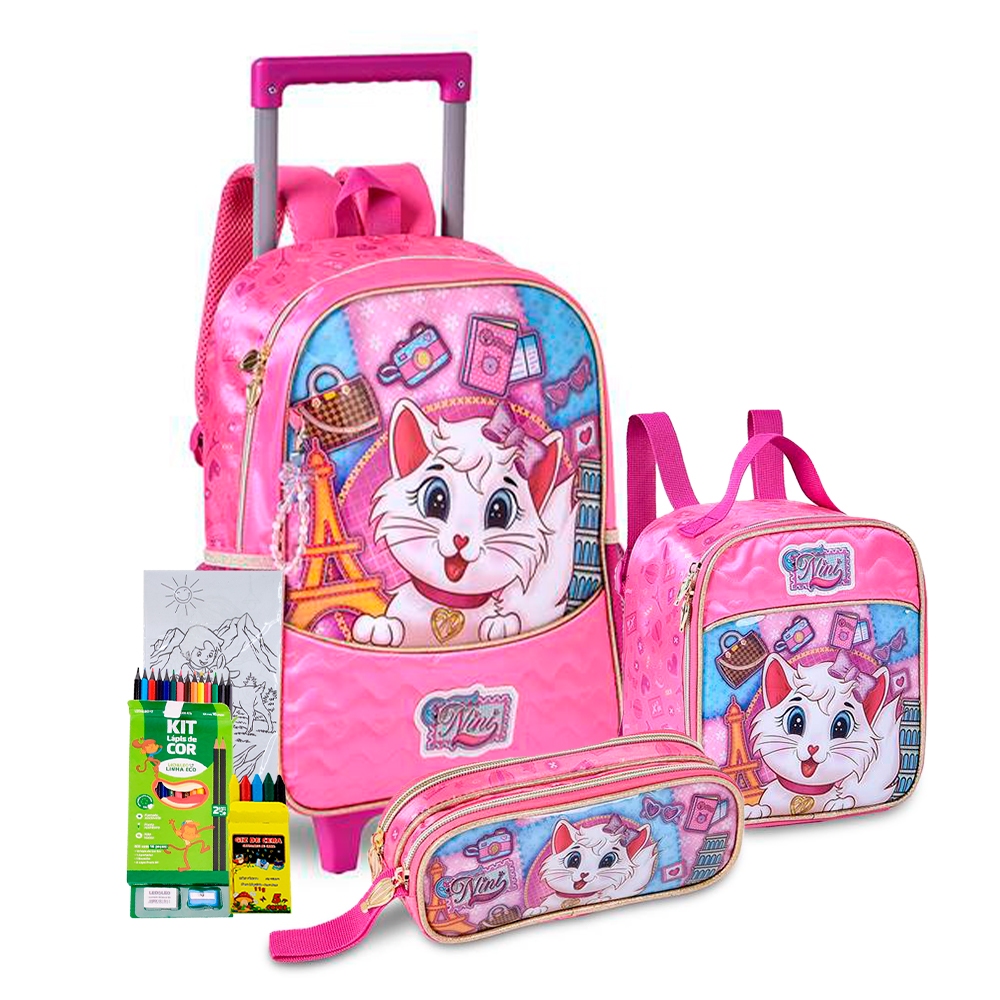Kit Mochila Rodinha Estojo Lancheira Escolar Infantil Meninas Gatinha Nini Animais Gata Clio