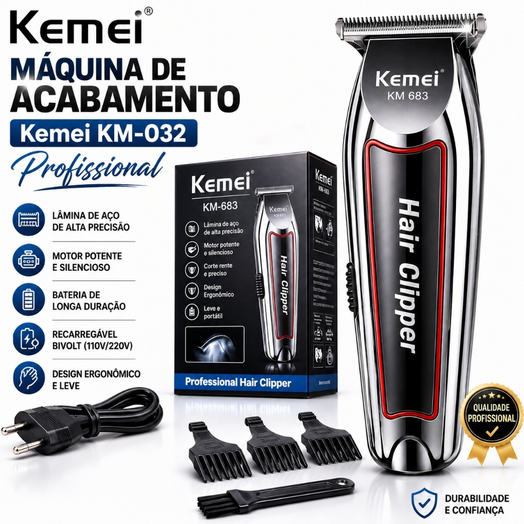 Máquina de Acabamento Kemei KM-032 Profissional Sem Fio Recarregavel+ Kit de Pentes