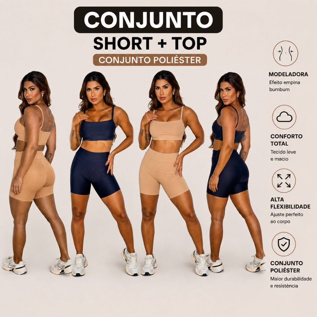 Conjunto Fitness Feminino Short + Top Academia Poliéster Elastano Alta Elasticidade Treino Corrida Confortável