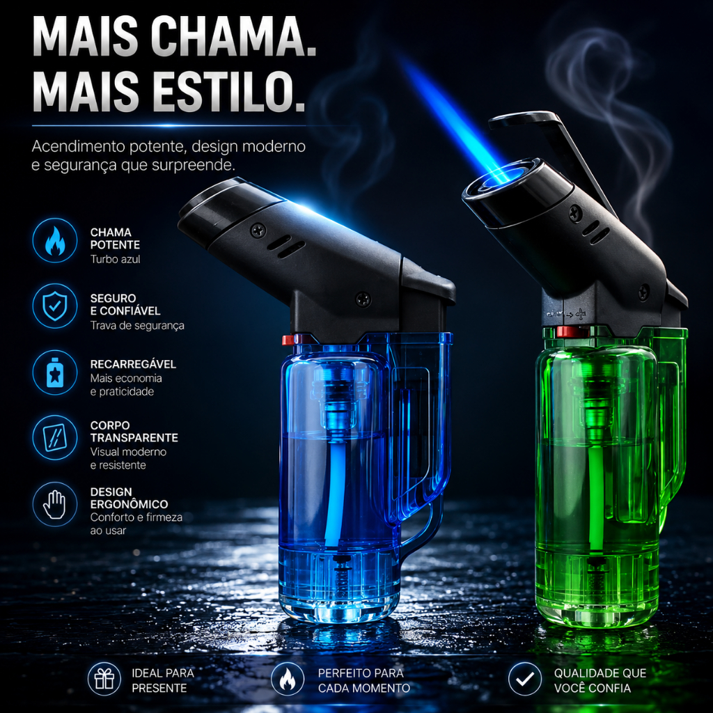 Isqueiro Maçarico Recarregável Portátil Chama Azul Ajustável turbo moderno estilo transparente