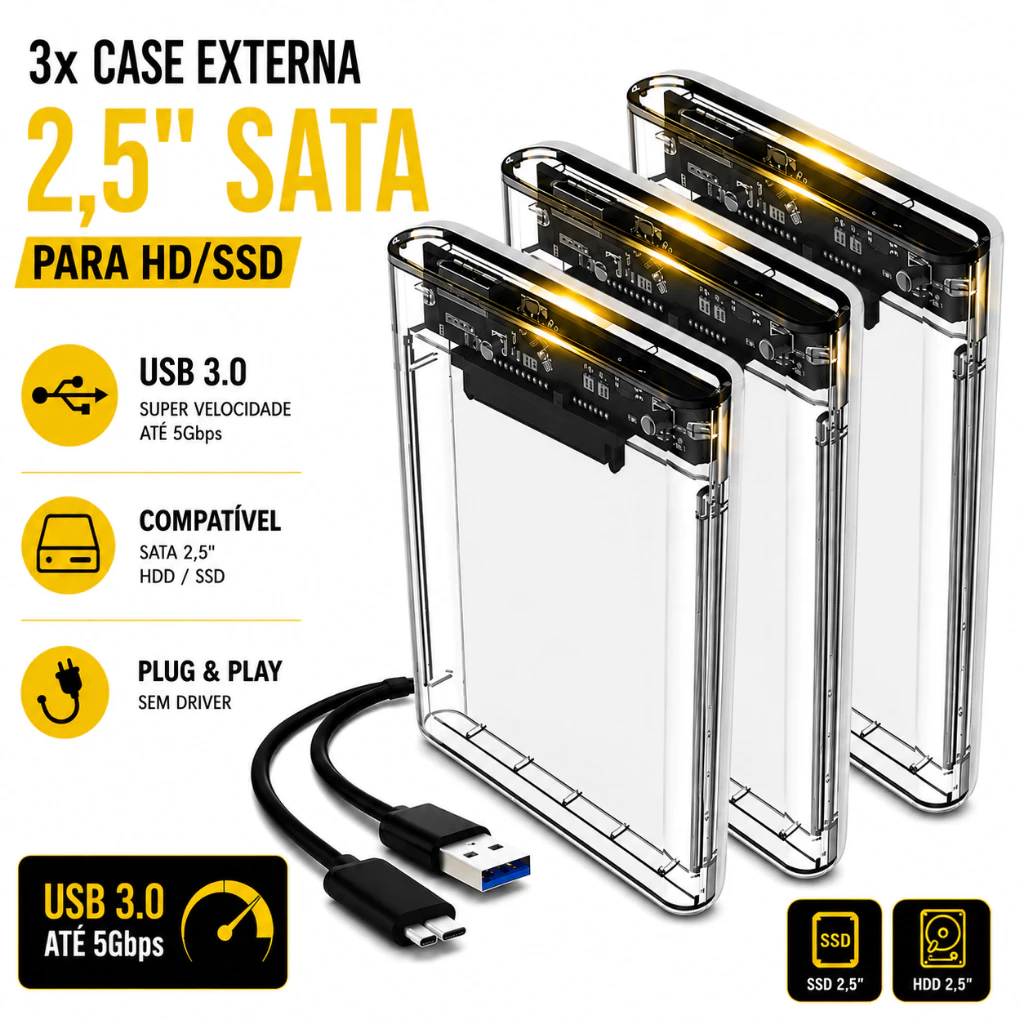 Kit 3 Case De Gaveta Usb 3.0 Hd 2.5 Sata Externo Slim Xbox