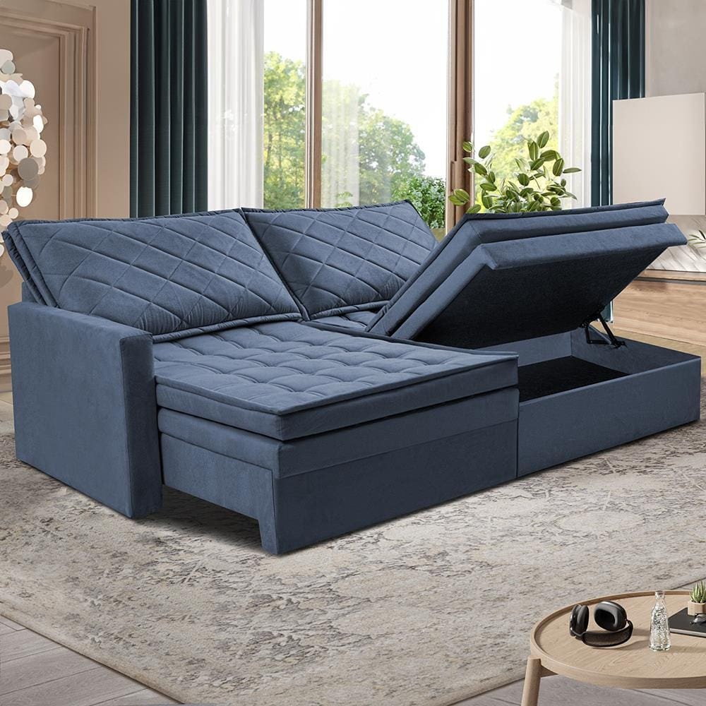Sofá 3 Lugares Cama InBox Marselha II Retrátil Reclinável com Baú Revestimento Suede Velusoft 180cm