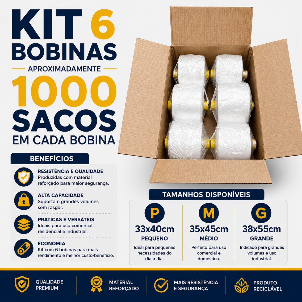 Kit 6 Bobina Fundo Estrela 6000 Sacos Plásticos Grande 38x55cm Mercado e Hortifruti