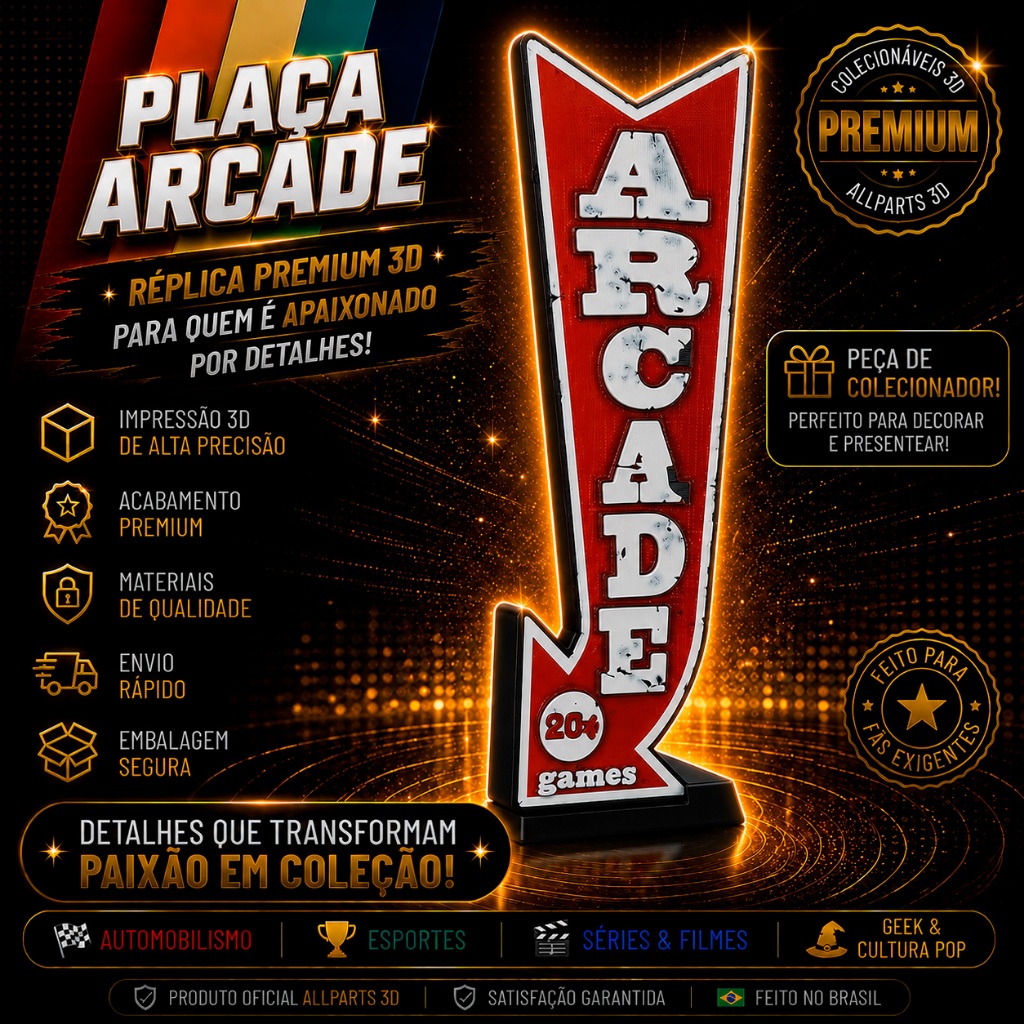 Placa Arcade Retrô Decorativa Gamer 3D Fliperama Geek