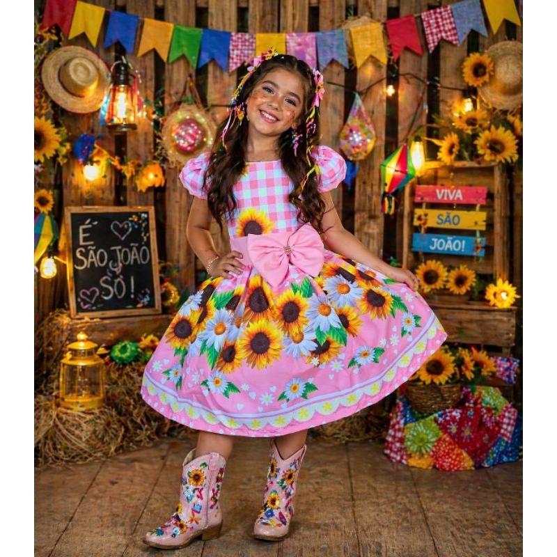 Vestido Infantil Girassol Floral com Laço e Anágua – Festa Junina Menina