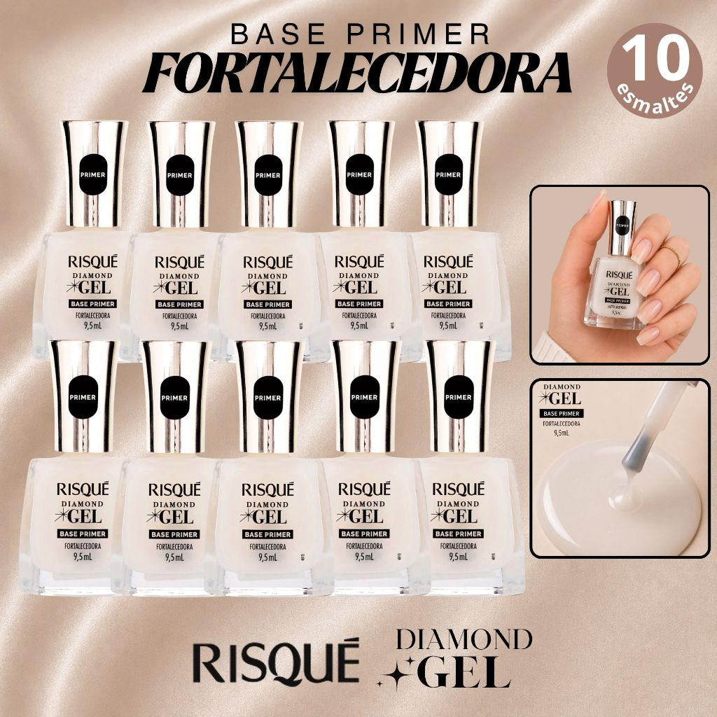 Base Primer Fortalecedora Risqué Diamond Gel 9,5ml Unhas Mais Fortes e Protegidas