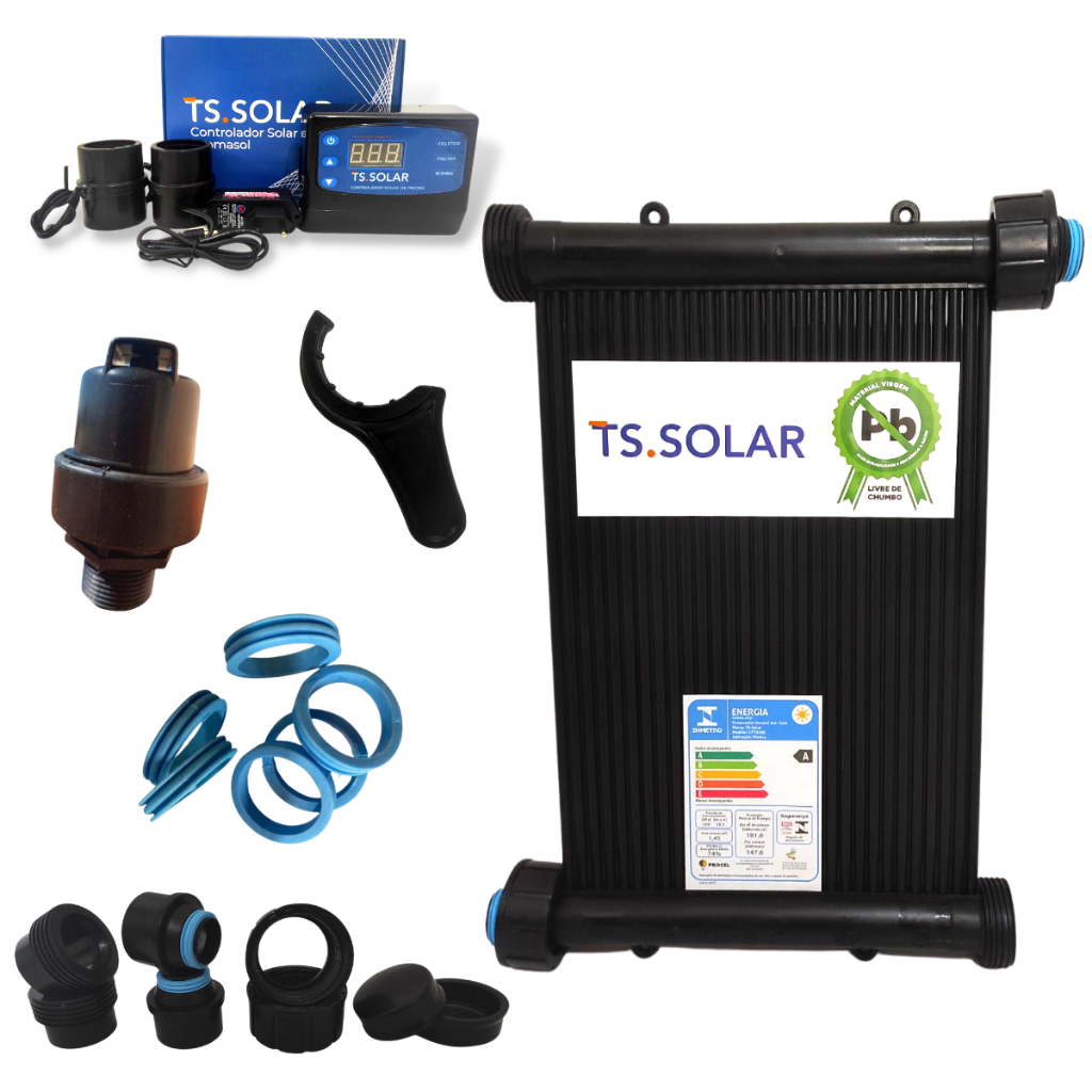 Kit Aquecimento Solar Piscina 1.000L TS Solar 1 Placa 3m Kit Instalação + Controlador + Válvula